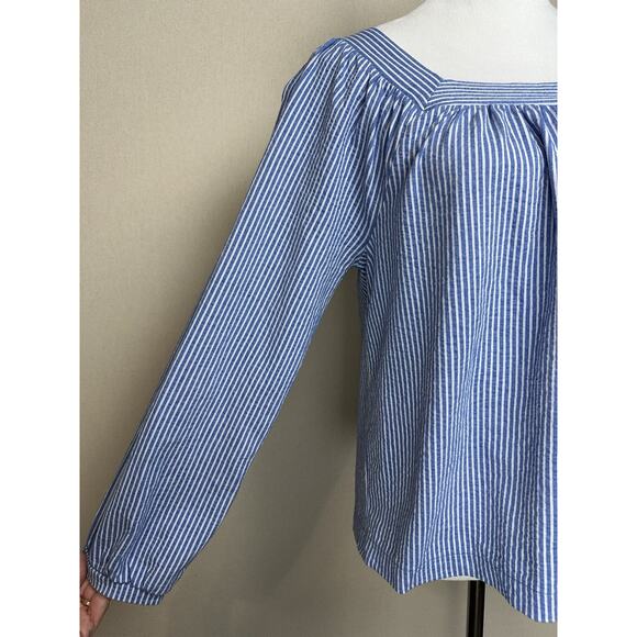 J.CREW Top Womens M Seersucker Striped Square Neck Stretch Cotton Blue - Picture 3 of 11